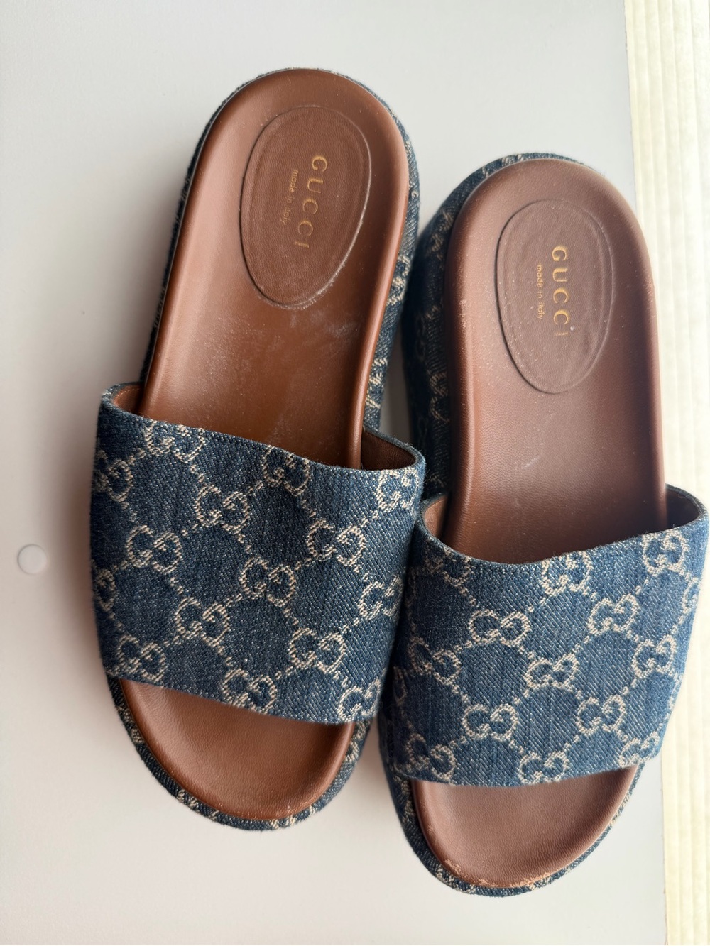 Gucci Denim GG Canvas Slide Sandals in Blue and Brown